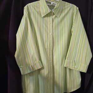 XL Liz Claiborne Button-Up Neon Green White Striped Women's Shirt 3/4 Sleeves